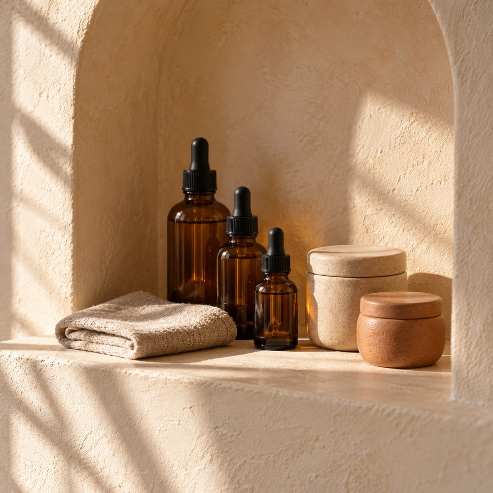 Unlabelled amber bottles and ceramic jars in a plaster wall niche