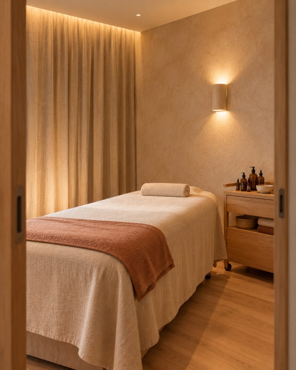 A treatment room with a linen-covered bed and timber side trolley