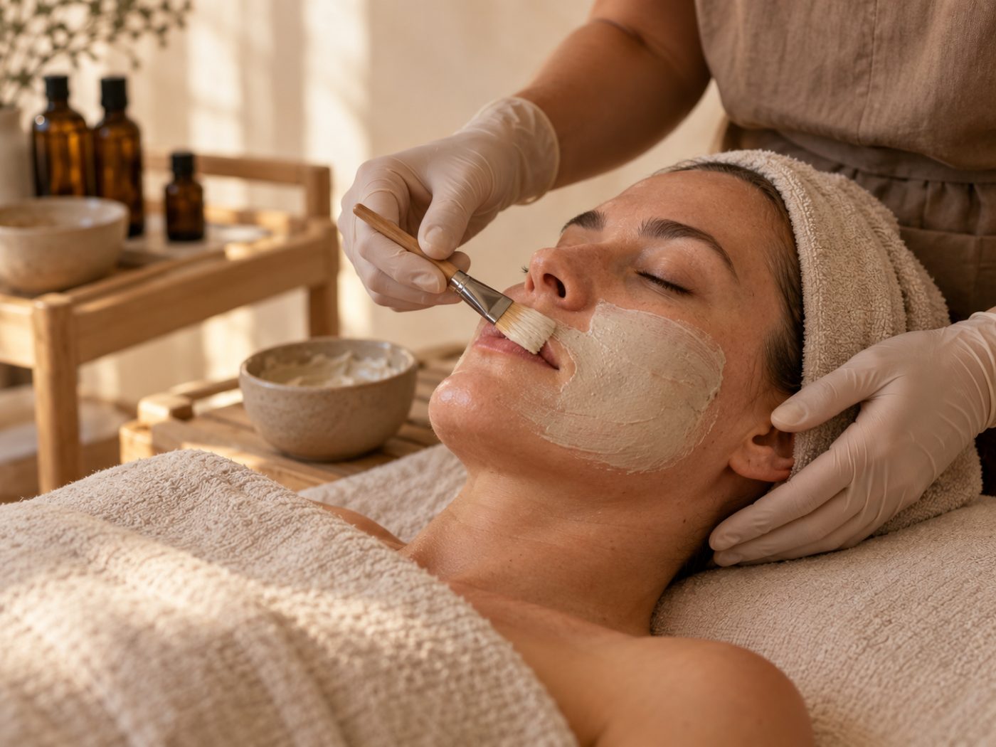A therapist in gloves applying a cream mask to a relaxed client during a facial